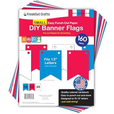 Imagem de FreshCut Crafts | 160 bandeiras de bandeira de papel faça você mesmo, bandeiras patrióticas vermelhas, brancas e azuis, PEQUENAS (6,3 x 8,9 cm), cartolina perfurada nos EUA para decorações de festa de