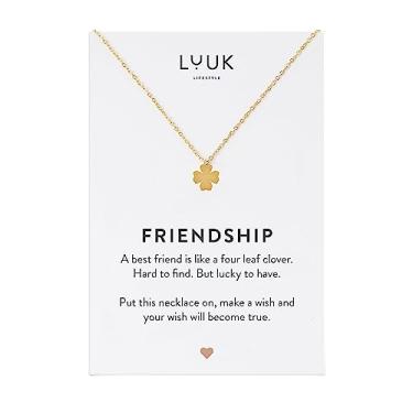 Imagem de LUUK LIFESTYLE Colares femininos de aço inoxidável com coração, trevo, estrela, âncora, pingente de globo, presente moderno, símbolo da sorte, comprimento ajustável de 50,8 cm, cartão de amizade, ouro