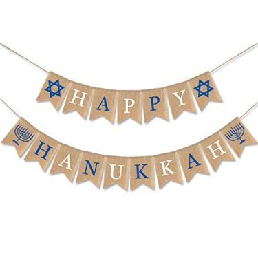 Imagem de CAVLA Happy Hanukkah Banner de serapilheira juta Hanukkah banner guirlanda com estrela de Davi e sinais de menorá Chanucá festival decorações de festa para Hanukkah Holiday Cornija lareira suprimentos