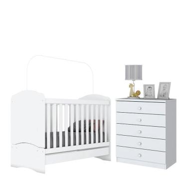 Imagem de Jogo de Quarto Infantil Bala de Menta com Cômoda e Berço - Móveis Henn Branco Brilho