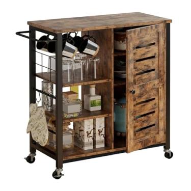Imagem de Carrinho de Armazenamento Armário de armazenamento com estação de carregamento e rodas, armário de carrinho de cozinha de 31,5" com prateleiras, industrial, marrom vintage Carrinho de Armazenamento