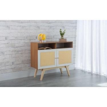 Imagem de Balcão Buffet Mdf Freijó Pés Taeda 2 Portas Com Nicho Branco E Palhinh