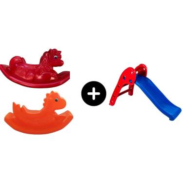 Imagem de Escorregador Baby Infantil Vermelho c/ Azul + Dino laranja + Unicornio Vermelho para a diversão de meninos e garotos de todas as idades brinquedos leg