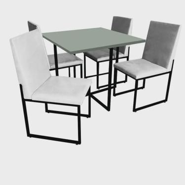 Imagem de Kit Mesa de Jantar Thales com 4 Cadeiras Sttan Ferro Preto Tampo Verde Oliva Suede Bran...