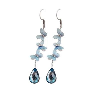 Imagem de Brincos pendentes de gota d'água de borboleta para mulheres, borboletas triplas, azuis, com borla longa, cristal, strass, gancho, argolas penduradas, joias elegantes, Long, Cobre Resina Strass, Sem