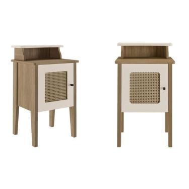 Imagem de Kit 2 Mesas de Cabeceira 100% Mdf Porta Reversível com Detalhes Curvos Carvalho/Off White