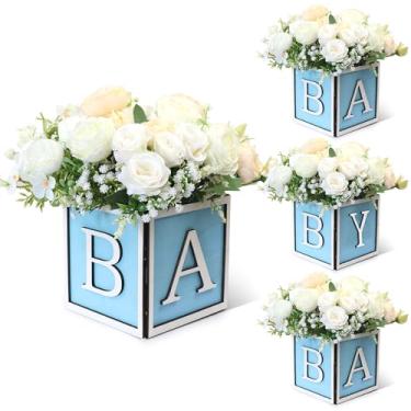 Imagem de Acmee Conjunto de 4 peças centrais de chá de bebê para mesas - caixas de madeira de 15 cm com letras de bebê, cubos rústicos, blocos de madeira para decoração de festa de gênero (azul)