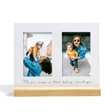 Imagem de Porta Retrato Duplo Meu Riso é tão Feliz Contigo, 2 fotos 10x15cm, Metal e Madeira, branco, preto, nogueira - GEGUTON