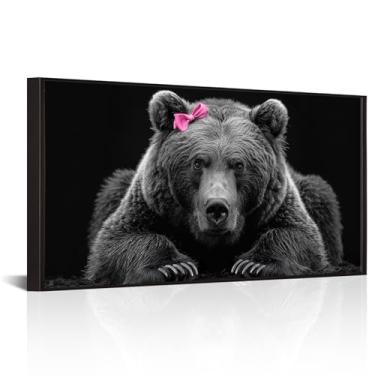 Imagem de iKNOW FOTO Urso preto branco arte de parede rústica vida selvagem impressão em tela esticada pronto para pendurar casa de fazenda decoração de caça urso emoldurado com arco rosa pintura para sala de