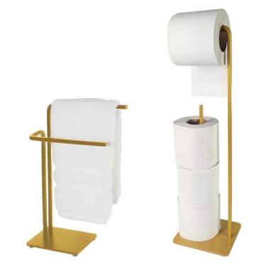 Imagem de Kit Suporte Porta Papel Higiênico Chão + Toalheiro Bancada Dourado Fosco Banheiro - Future