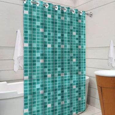 Imagem de Cortina de Box para Banheiro em PVC, 138x185cm, Translúcida, Impermeável, Antimofo, com Ilhós, Design Quadriculado (Verde)