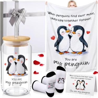Imagem de Skylety 5 peças presentes de casal pinguim aniversário de casamento romântico eu te amo presentes para casal, esposa, marido, namorado, namorada, ela, ele, com cobertor de vidro, meias, caixa de