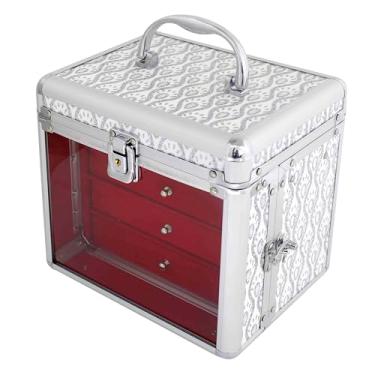 Imagem de Maleta Organizadora de Joias com 3 Gavetas, Porta Maquiagem, Acabamento em Alumínio, com Chave, Disponível em Rosa, Roxo, Prata e Cinza (Prateado)