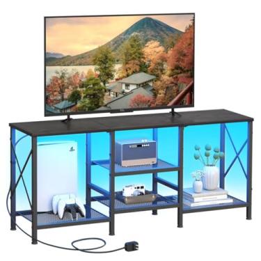 Imagem de JARHETUN Suporte de TV com luzes LED para TV de 55 polegadas, centro de entretenimento com prateleiras abertas de 3 camadas, mesa de console de TV para sala de estar, quarto, preto