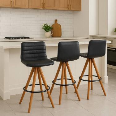 Imagem de Kit 3 Banquetas Giratória com Encosto Estofado e Base em Madeira Castanho – Lucy Exclusiva