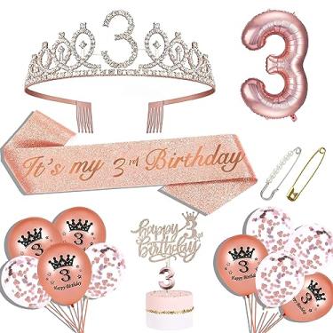 Imagem de Hysilla Decorações De 3º Aniversário Em Ouro Rosé - Faixa, Coroa, Topo Bolo, Balões, Broche E Conjunto Velas