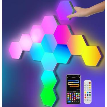 Imagem de Amailtom Luzes Led Hexagonais Para Configuração De Jogos, Decoração Sala Casa Inteligente, Funciona Com Alexa E Google Assistente, 14 Painéis Parede Diy, Controle Por Voz, Sincronização Música, Tv,