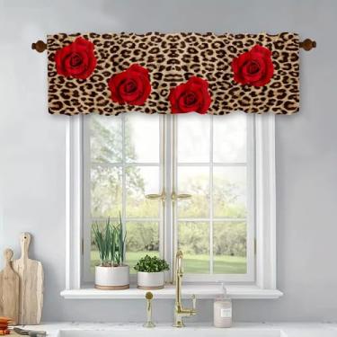 Imagem de Cortinas curtas de leopardo rosa vermelha para sala de estar, cozinha, quarto, banheiro, janela, tratamento de poliéster 137 x 45 cm