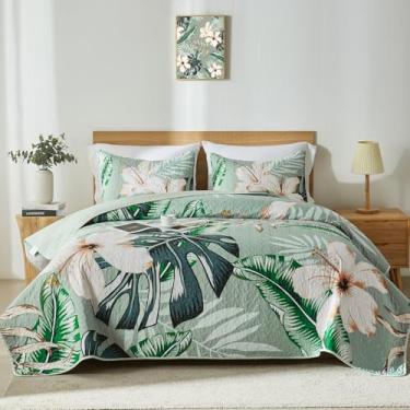 Imagem de Yogeneg Conjunto de cama Queen, estampa botânica branca, verde sálvia, conjunto de colcha casal/Queen, 3 peças, colcha de cama leve e macia de verão com 2 fronhas PIillow, todas as estações (verde