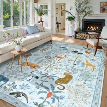 Imagem de OJIA Tapetes de área de animais 20 x 25 cm, macios 20 x 25 cm, laváveis para sala de estar, quarto, antiderrapante, boho, ultrafino, tapete grande para sala de jogos, escritório, azul claro