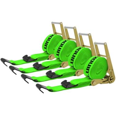 Imagem de SALUINOKI Pacote com 4 correias de catraca de 10 cm e 9 m para serviço pesado com gancho plano para reboque de mesa correia de guincho 10 cm verde