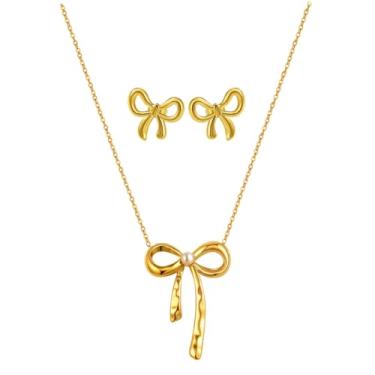 Imagem de JczR.Y Colar de laço de ouro, colar de coração de pérola, brincos para mulheres, aço inoxidável, laço, pingente, colar, conjunto de joias delicadas, presente, Aço inoxidável, Sem Pedra Preciosa