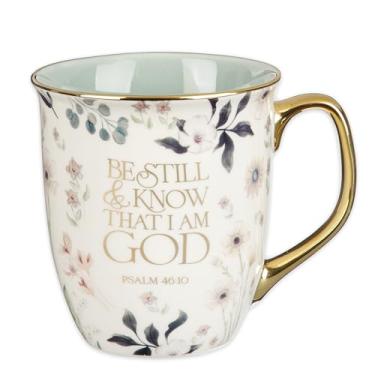 Imagem de Christian Art Gifts Caneca de Cerâmica para Café e Chá, Versículo Bíblico Força e Dignidade, Floral Branco e Azul, 425g