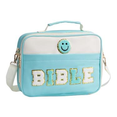 Imagem de Capa Bíblica Feminina Grande Carta de Chenille Bolsa Bíblica com Alça de Ombro Bolsas de Transporte de Bíblia para Acessórios de Estudo da Bíblia para Mulheres Lady Grils, Azul, Large