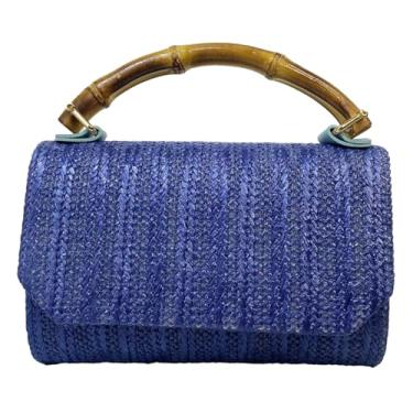 Imagem de Bolsa clutch de palha 2025 com alça de bambu elegante e versátil bolsa de praia de tecido flip top envelope corrente bolsa transversal, Azul, Medium