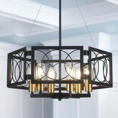 Imagem de Yarlkav Lustre Moderno De Fazenda 22,8" Com Pingente Em Ouro Preto, Luminárias Pendentes 6 Lâmpadas, Lustres Grandes Metal Industrial Vintage Para Sala Jantar, Estar, Cozinha, Ilha, Hall Entrada