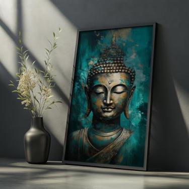 Imagem de Quadro Decorativo Buda Turquesa Com Moldura Arte Zen Espiritualidade Pintura Moderna Oriental Decoração Paz Parede Tranquila