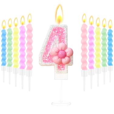 Imagem de Velas de aniversário para bolo com glitter rosa número 4 velas de bolo com 10 velas espirais para meninas de 4 anos, decoração de aniversário, suprimentos de festa de aniversário, tema doce