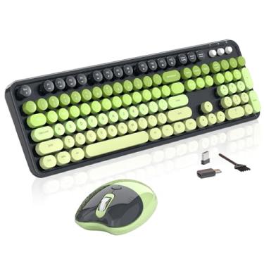 Imagem de Teclado e mouse sem fio, teclas redondas MOFII 104, máquina de escrever retrô com OTG e pincel, ergonômico de tamanho completo, ideal para Windows PC, casa, escritório e faculdade, cinza e verde
