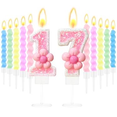 Imagem de Vela de aniversário número 17 com glitter rosa com design de flor rosa, velas de aniversário para bolo, 10 peças de velas espirais para topo de bolo de 17 anos, decoração de festa com tema doce de 17