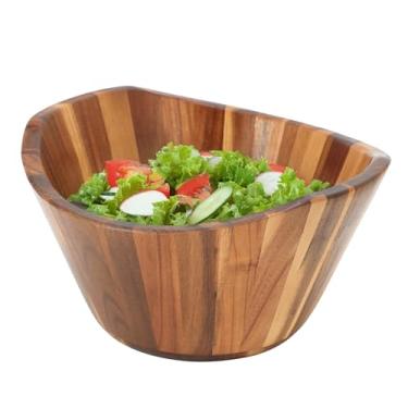 Imagem de Elama Tigela de salada de madeira de acácia ondulada de 29 x 15 cm, tigela grande de madeira rústica, tigela de madeira de acácia ecológica (onda de 29 x 16 cm)