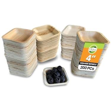 Imagem de Tigelas descartáveis de folhas de palmeira Raj (200 unidades, tigelas quadradas de 10 cm) Tigelas fortes como tigelas de festa de bambu – Utensílios de mesa compostáveis decorativos para almoço, jantar, aniversário, ao ar livre, churrasco, piquenique.