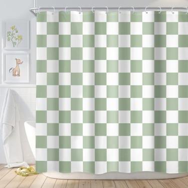 Imagem de Newsely Cortina de chuveiro quadriculada verde sálvia branca 182 cm L x 182 cm abstrato Y2K bonito vintage hippie Groovy 2000 s 70 s conjunto de banheiro estética moderna à prova d'água acessórios de