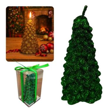 Imagem de Vela decorativa natalina em formato de pinheiro com glitter 10cm para 