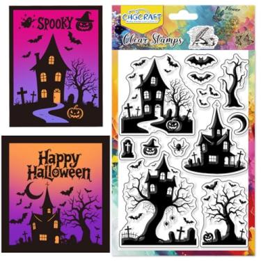 Imagem de CHGCRAFT Carimbos transparentes de Halloween Elements selos transparentes para árvore e morcegos selos transparentes de silicone para fazer cartas, decoração de álbum de fotos, 11 x 16 cm