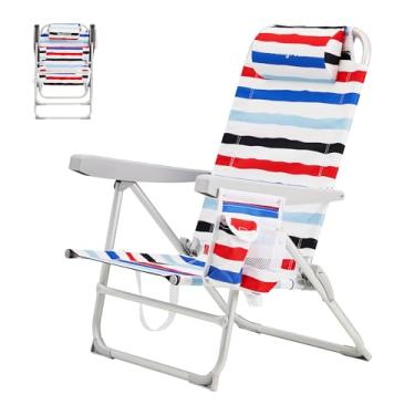 Imagem de SUNNYFEEL Cadeira de praia portátil, cadeira de praia dobrável com encosto alto, cadeira de acampamento leve com posição reclinável, espreguiçadeira para praia, acampamento, gramado, ao ar livre