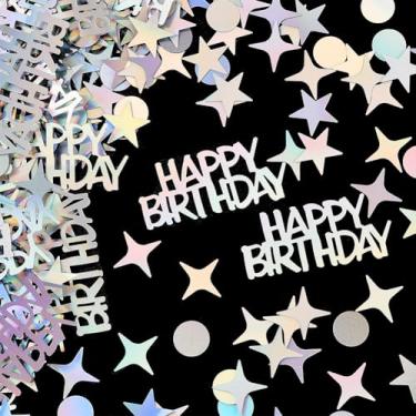 Imagem de SUNNYCLUE Confetes de festa de aniversário de 60 g com glitter, mesa metálica, círculo, colorido, letra estrela, glitter, confetes de plástico iridescente para decoração de casamento, férias