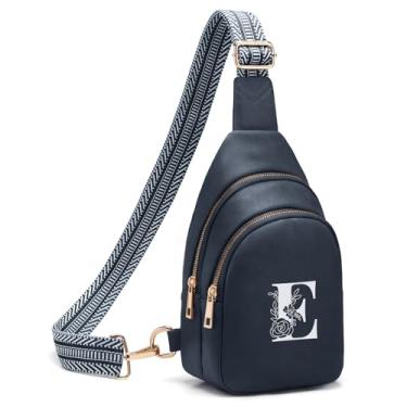 Imagem de Viverte Bolsas transversais femininas com inicial, pochete transversal, presentes personalizados para mãe e esposa, Azul marinho, E