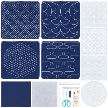 Imagem de WEBEEDY 4 conjuntos de porta-copos Sashiko para iniciantes, kit de costura de tapete de chá japonês faça você mesmo com modelos Sashiko PET, agulhas, linha para copo de mesa, bordado, presente de