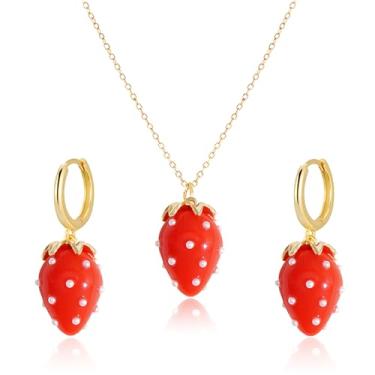 Imagem de QLYOVWE Conjunto de joias 3D de morango vermelho para mulheres, lindos brincos de pérola doce e fruta, colar exclusivo de morango, Natal, aniversário, declaração, joias estéticas, presentes com