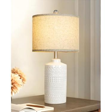 Imagem de JUNNAI Abajur de mesa de cerâmica branca com sombra bege: luminária noturna regulável de 3 vias, candeeiro de mesa moderno de 62 cm para sala de estar, quarto, mesa de canto de escritório, lâmpadas de