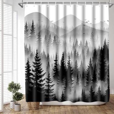 Imagem de PAEOT Cortina de chuveiro Black Misty Forest Ombre Grey Foppy Mountain Trees Woodland para decoração de banheiro 182 x 182 cm conjunto de cortinas de banho com 12 ganchos YLOKPA1298