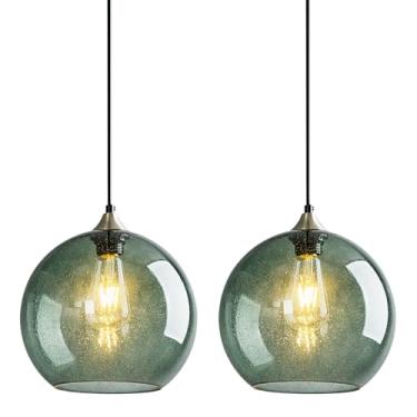 Imagem de LBSQJ Luzes pendentes de vidro verde cinza iluminação ilha cozinha globo luminária pendente moderno para cozinha ilha quarto sala de jantar luminária (25 cm, 2 unidades)