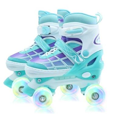 Imagem de Patins para crianças, quadriciclos ajustáveis para meninos e meninas de 8 a 12 anos com rodas iluminadas, patins infantis para iniciantes verde gradiente tamanho 1, 2, 3, 4, para ambientes internos e