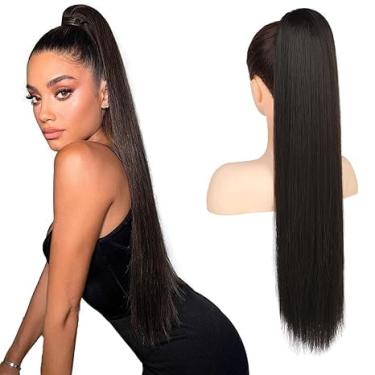 Imagem de Extensões de cabelo humano de rabo de cavalo liso 10 A para mulheres negras cabelo humano Remy não processado clipe de rabo de cavalo em extensão 110 g (18 polegadas)