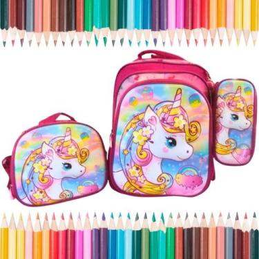 Imagem de Lancheira Mochila E Estojo Infantil Unicórnio Rosa Brilhante - Atena